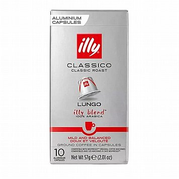 10 קפסולות אלומיניום ILLY classico lungo 100% arabica תואמות נספרסו - חוזק 8 10 קפסולות אלומיניום ILLY classico lungo 100% arabica תואמות נספרסו - חוזק 8